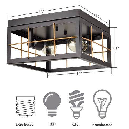Farmhouse Black Flush Mount Ceiling Light Brass Fixture, 2-Light